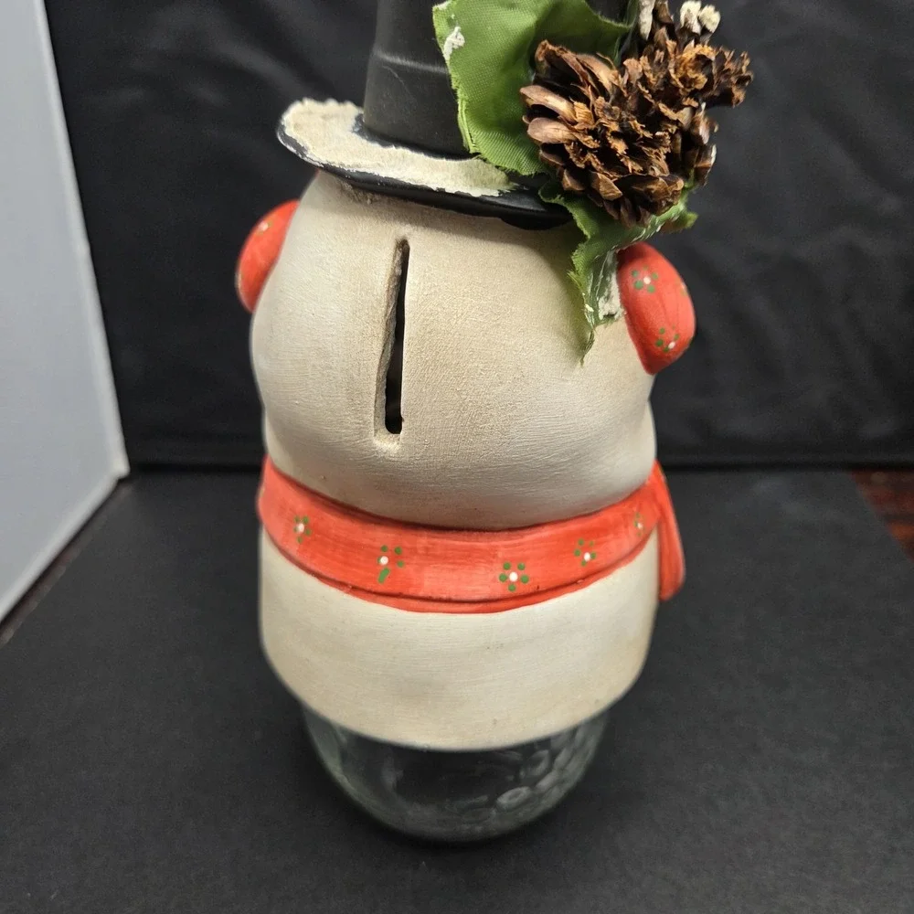 Vintage Snowman Glass Candy Jar Bank Christmas Decor Hand Painted